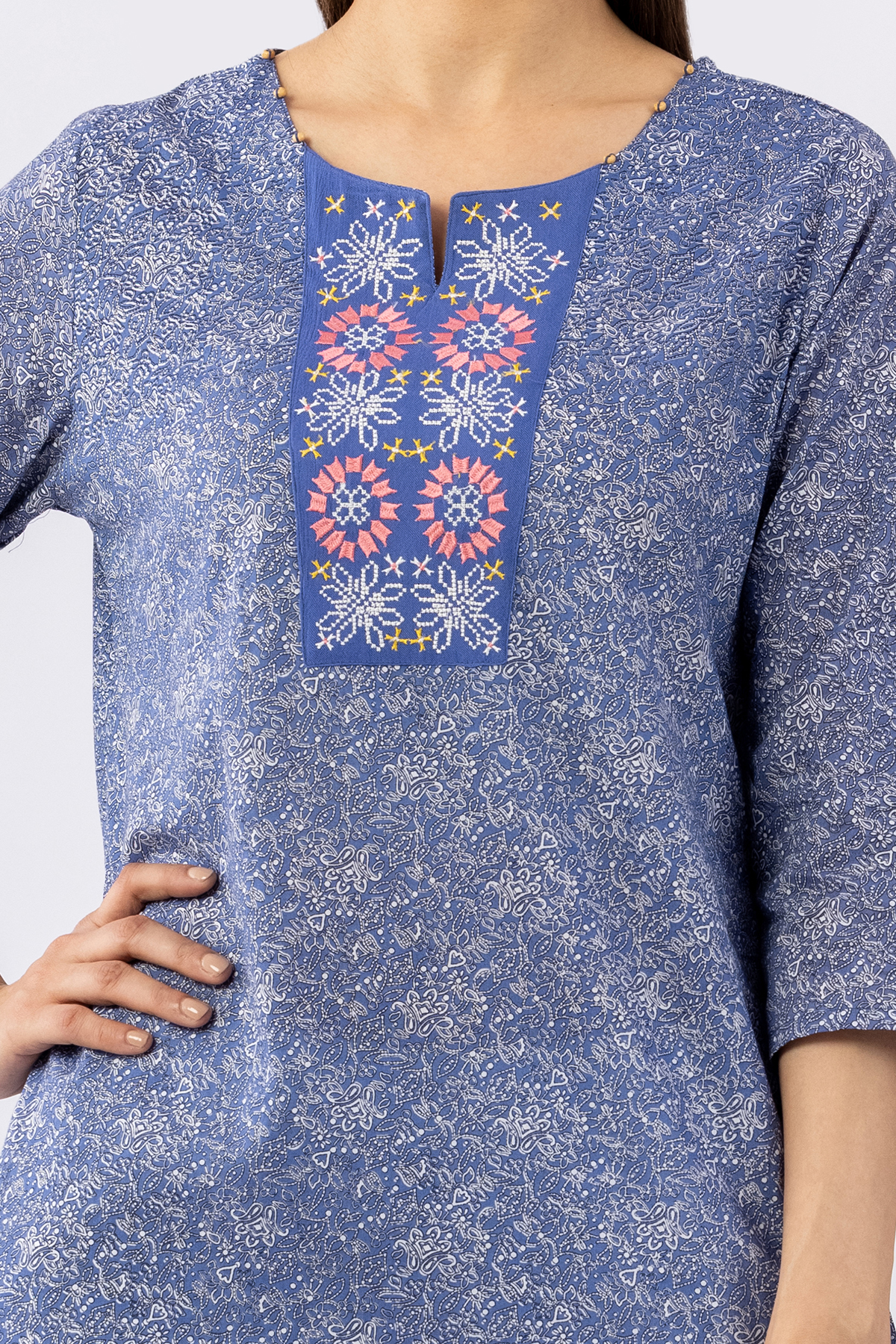 cotton tunic women blue embroidered round neck 3/4 sleeves regular fit