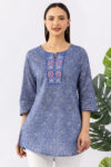 cotton tunic women blue embroidered round neck 3/4 sleeves regular fit