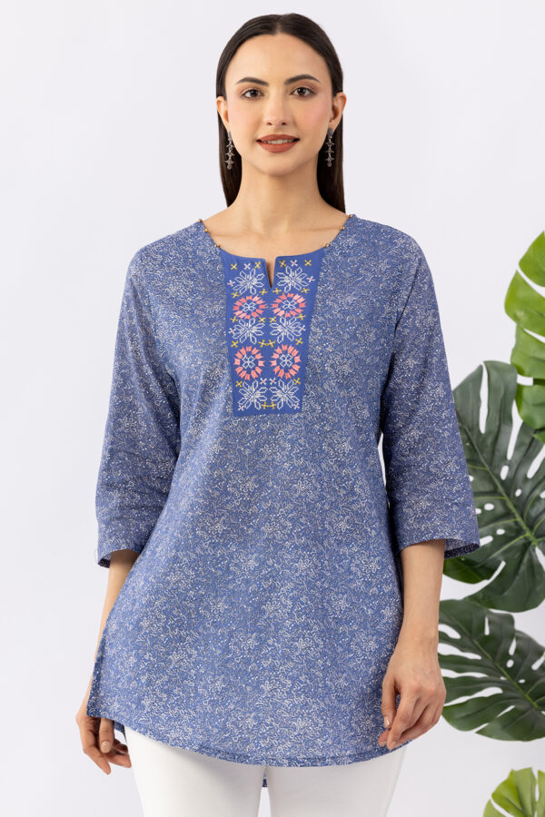 cotton tunic women blue embroidered round neck 3/4 sleeves regular fit