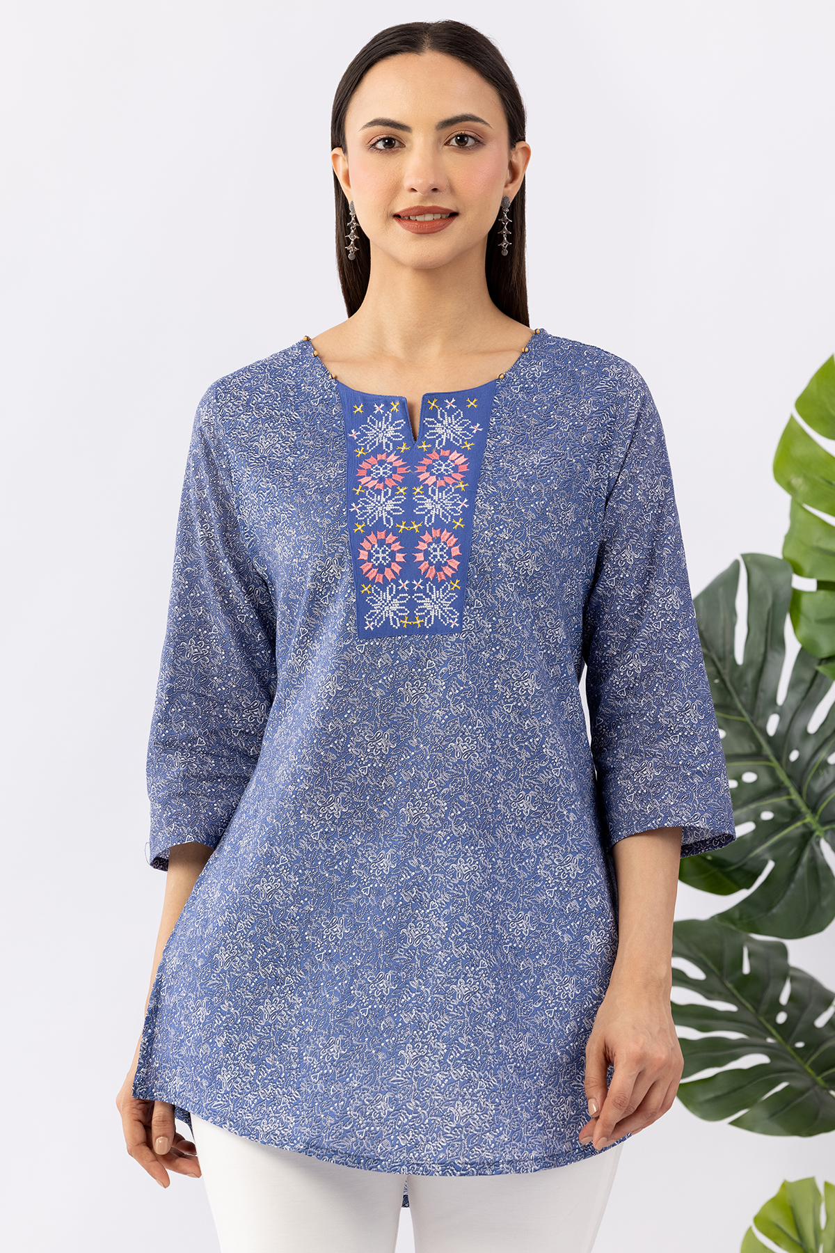 cotton tunic women blue embroidered round neck 3/4 sleeves regular fit