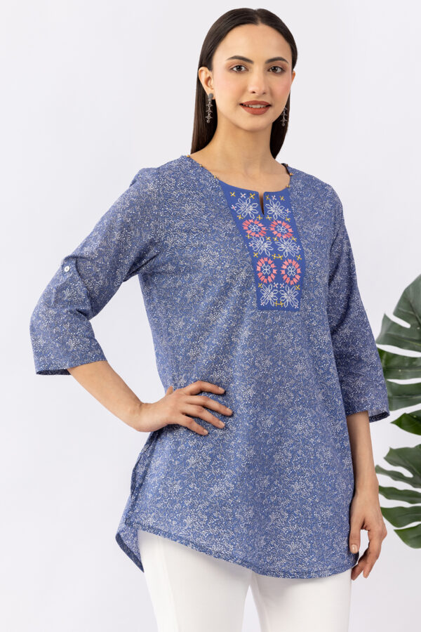 cotton tunic women blue embroidered round neck 3/4 sleeves regular fit