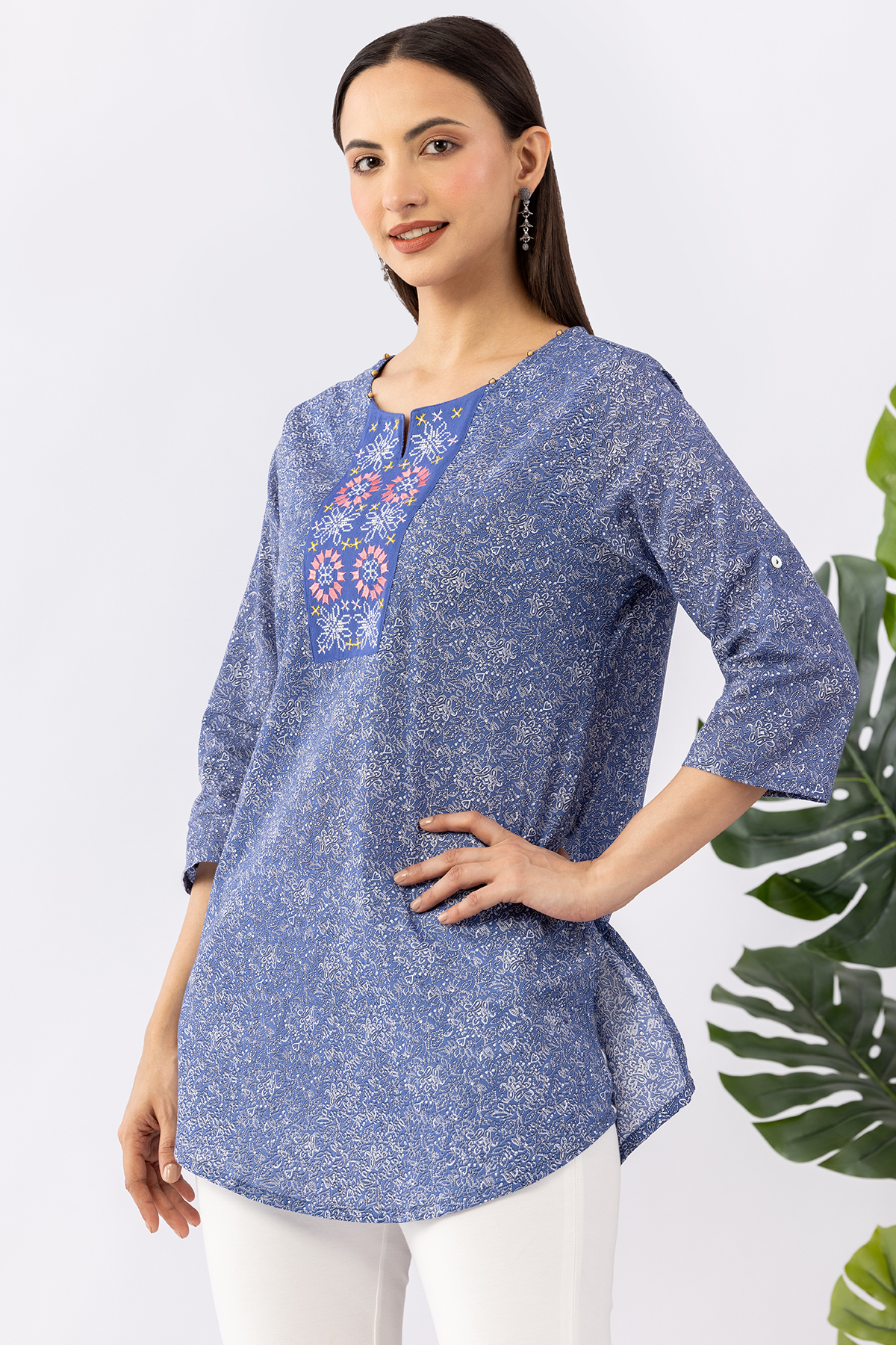 cotton tunic women blue embroidered round neck 3/4 sleeves regular fit
