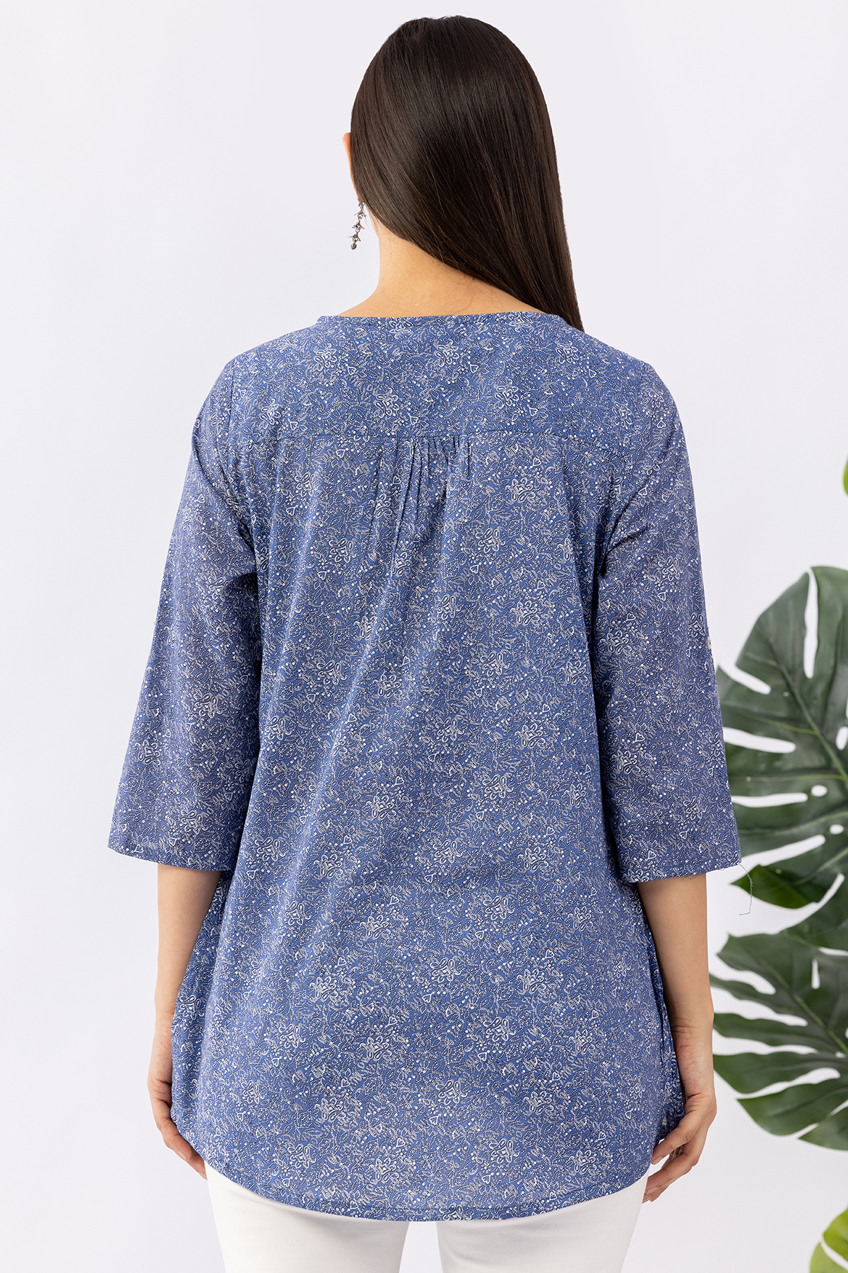cotton tunic women blue embroidered round neck 3/4 sleeves regular fit