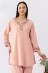 Peach co-ord set for women with embroidered V neck top and pants