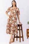 Printed brick red viscose dress for women with round neck and half sleeves