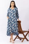 Printed blue georgette dress for women with round neck and 3/4 sleeves