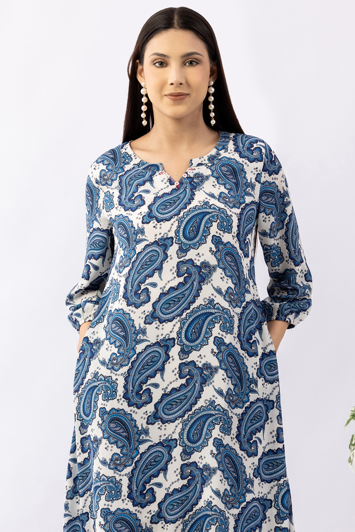 Printed blue georgette dress for women with round neck and 3/4 sleeves