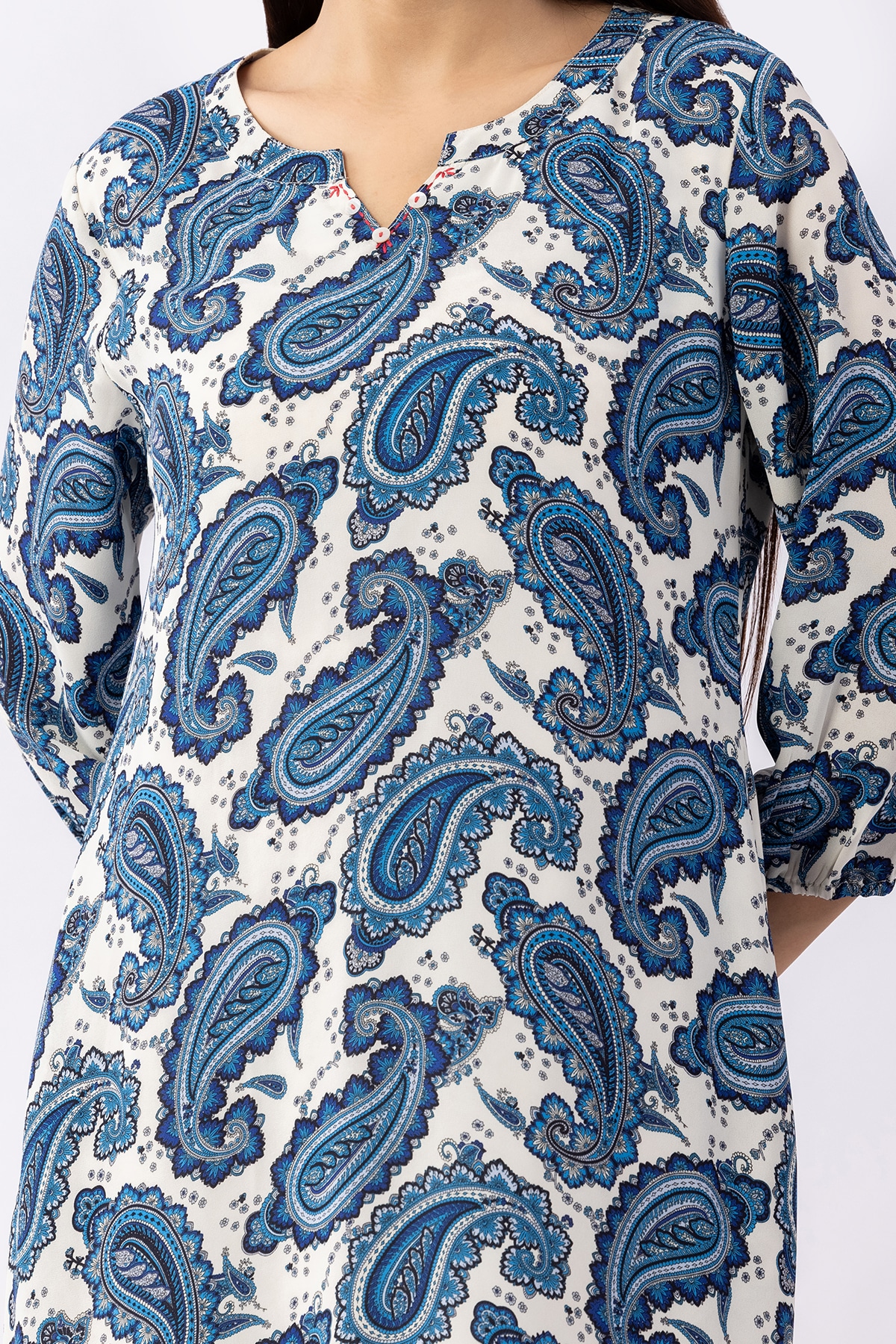 Printed blue georgette dress for women with round neck and 3/4 sleeves