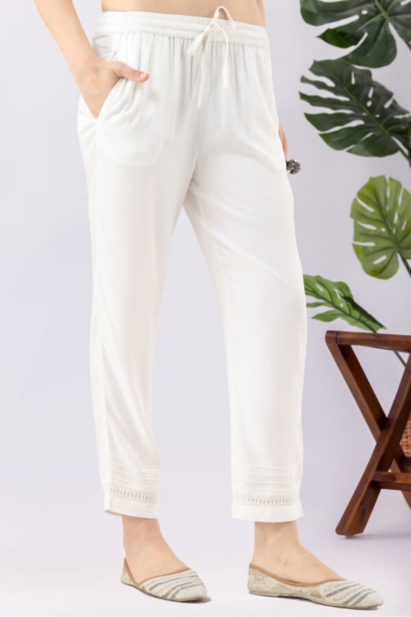 Solid white Tencel twill pants for women regular fit