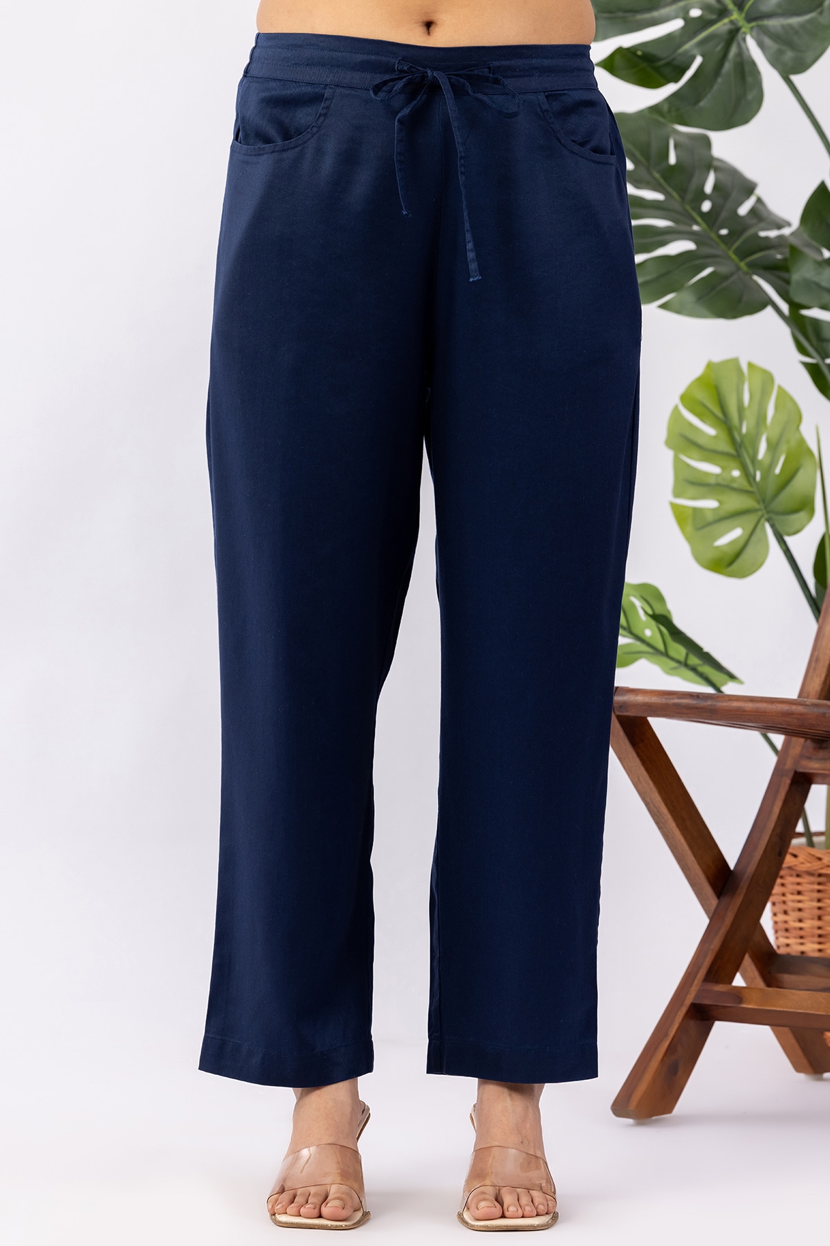 navy blue palazzo pants solid tencel twill regular fit for women