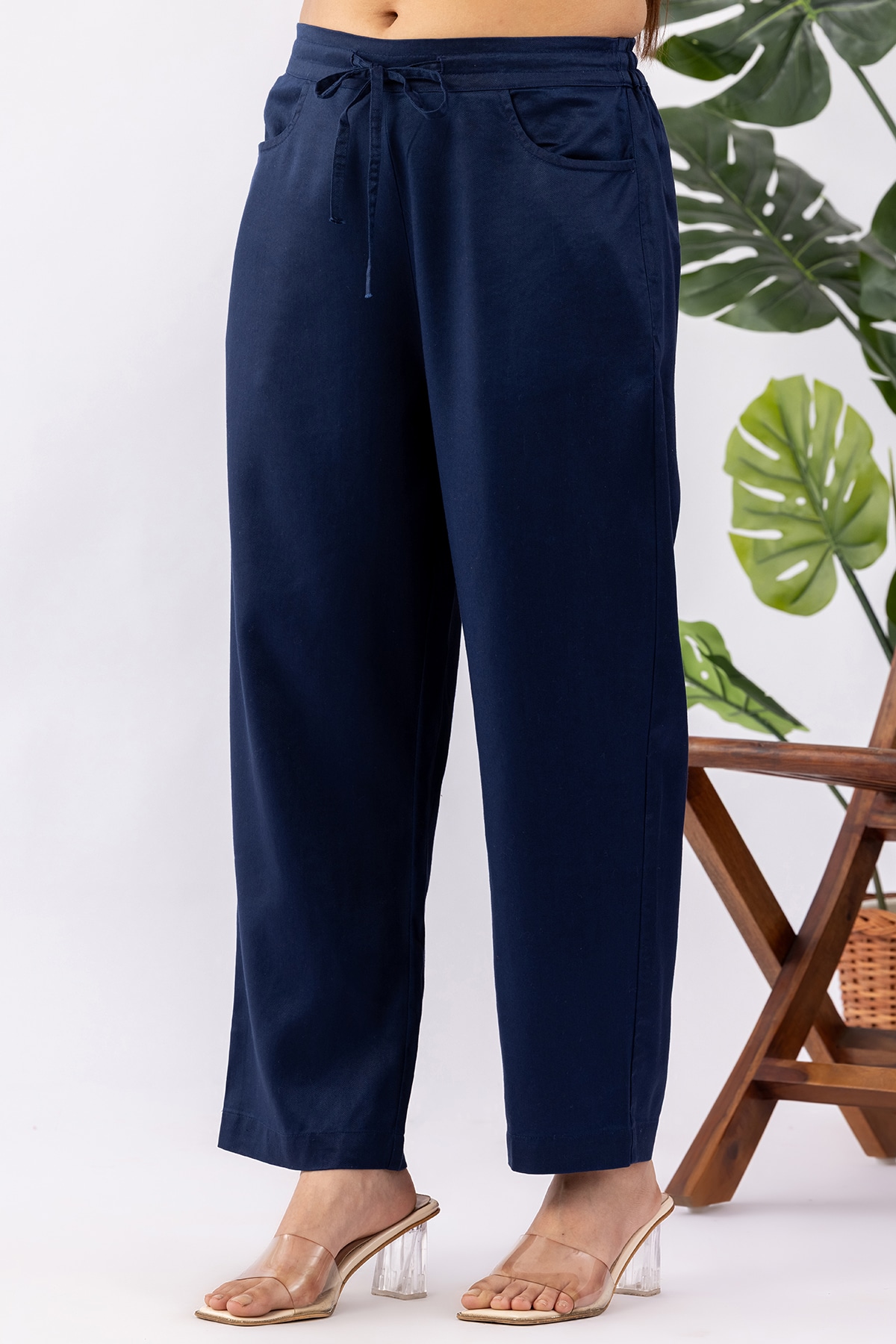 navy blue palazzo pants solid tencel twill regular fit for women