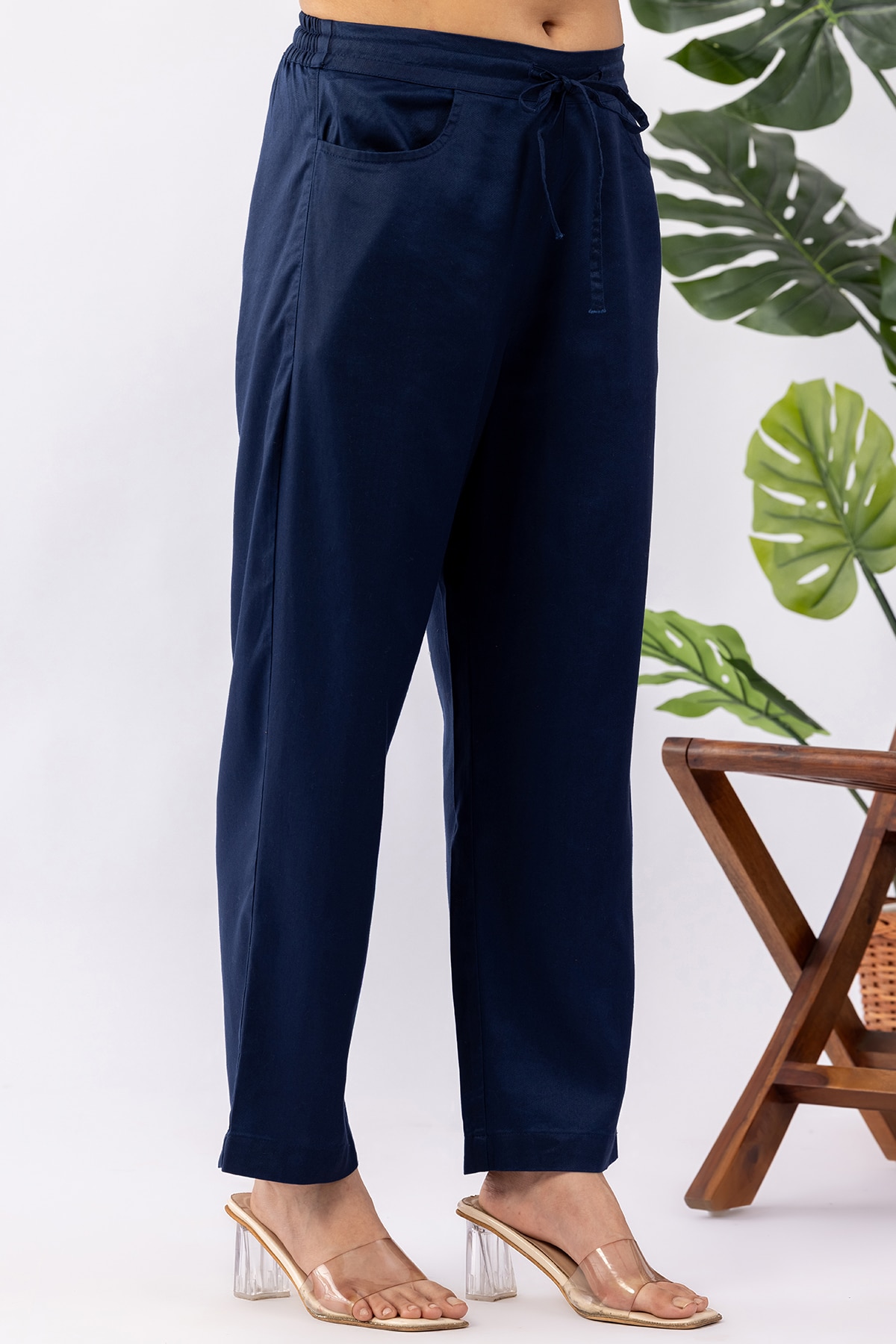 navy blue palazzo pants solid tencel twill regular fit for women