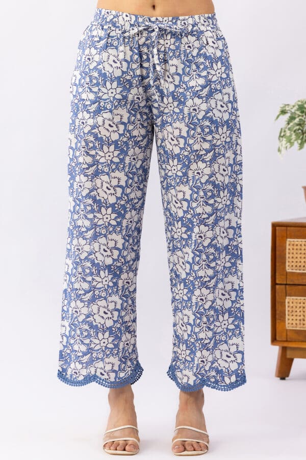 Printed Navy Blue Cotton Palazzo Pants For Ladies