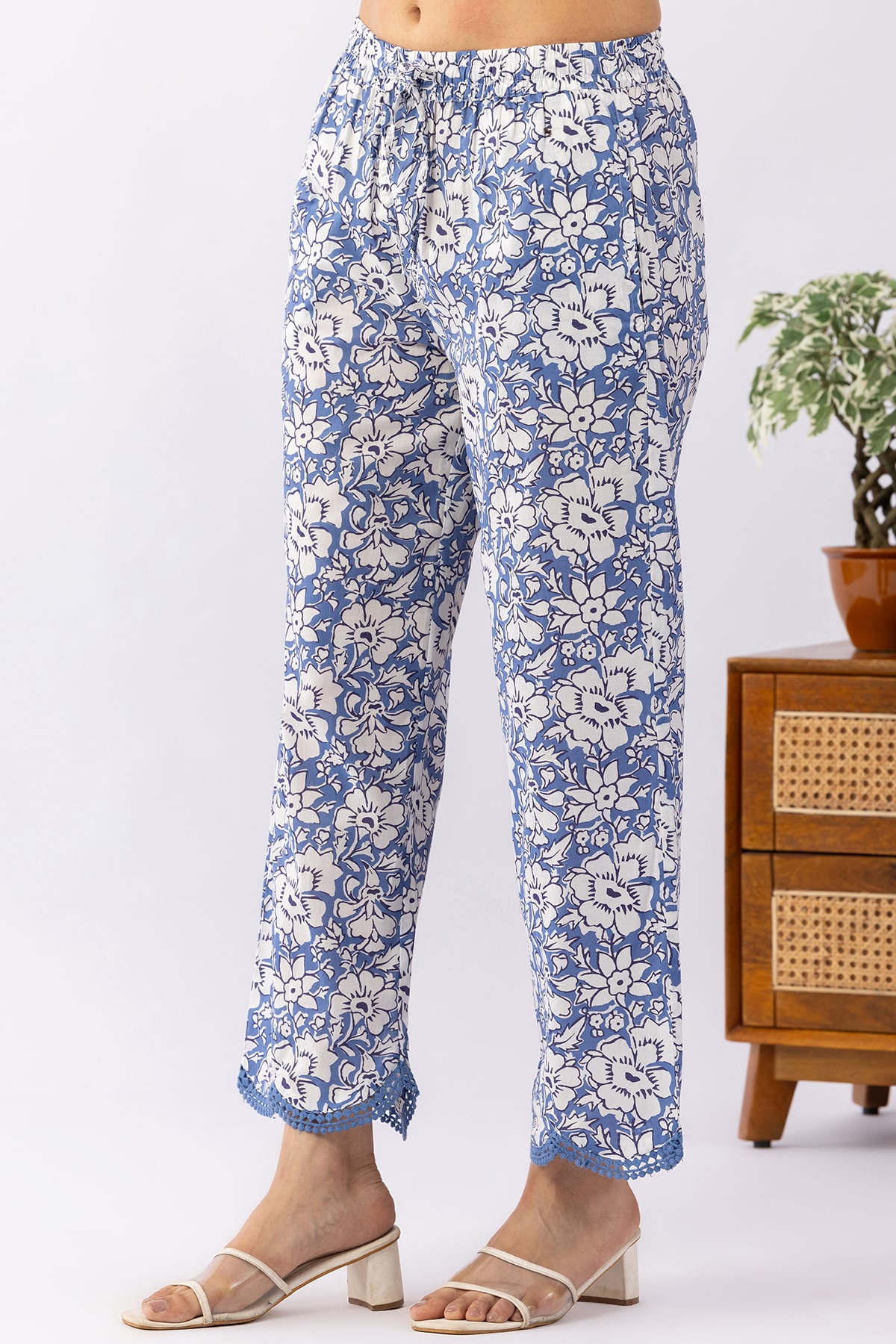 Printed Navy Blue Cotton Palazzo Pants For Ladies
