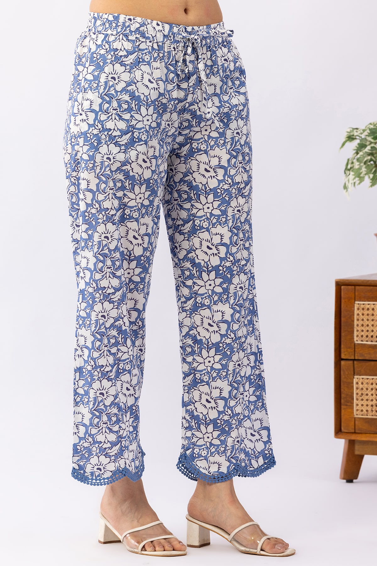 Printed Navy Blue Cotton Palazzo Pants For Ladies