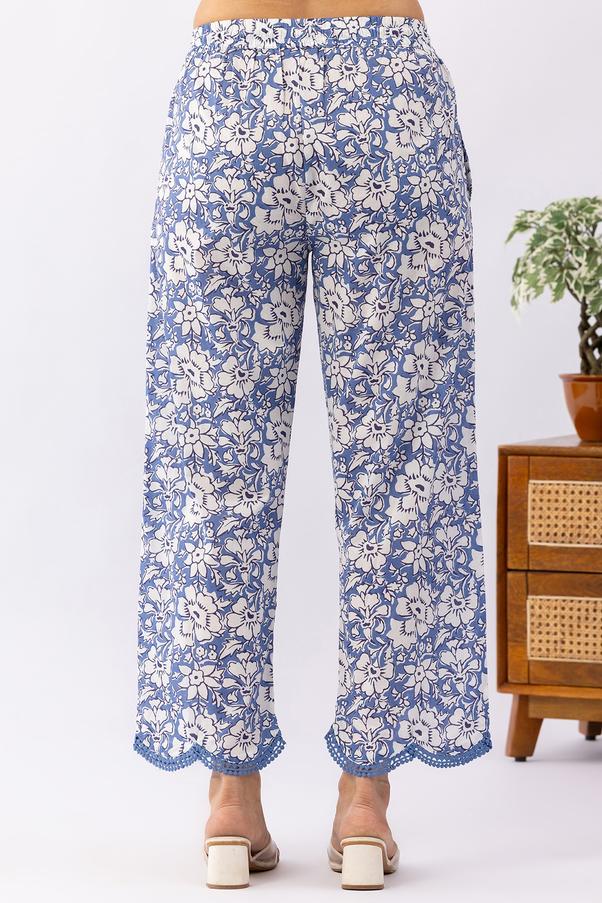 Printed Navy Blue Cotton Palazzo Pants For Ladies