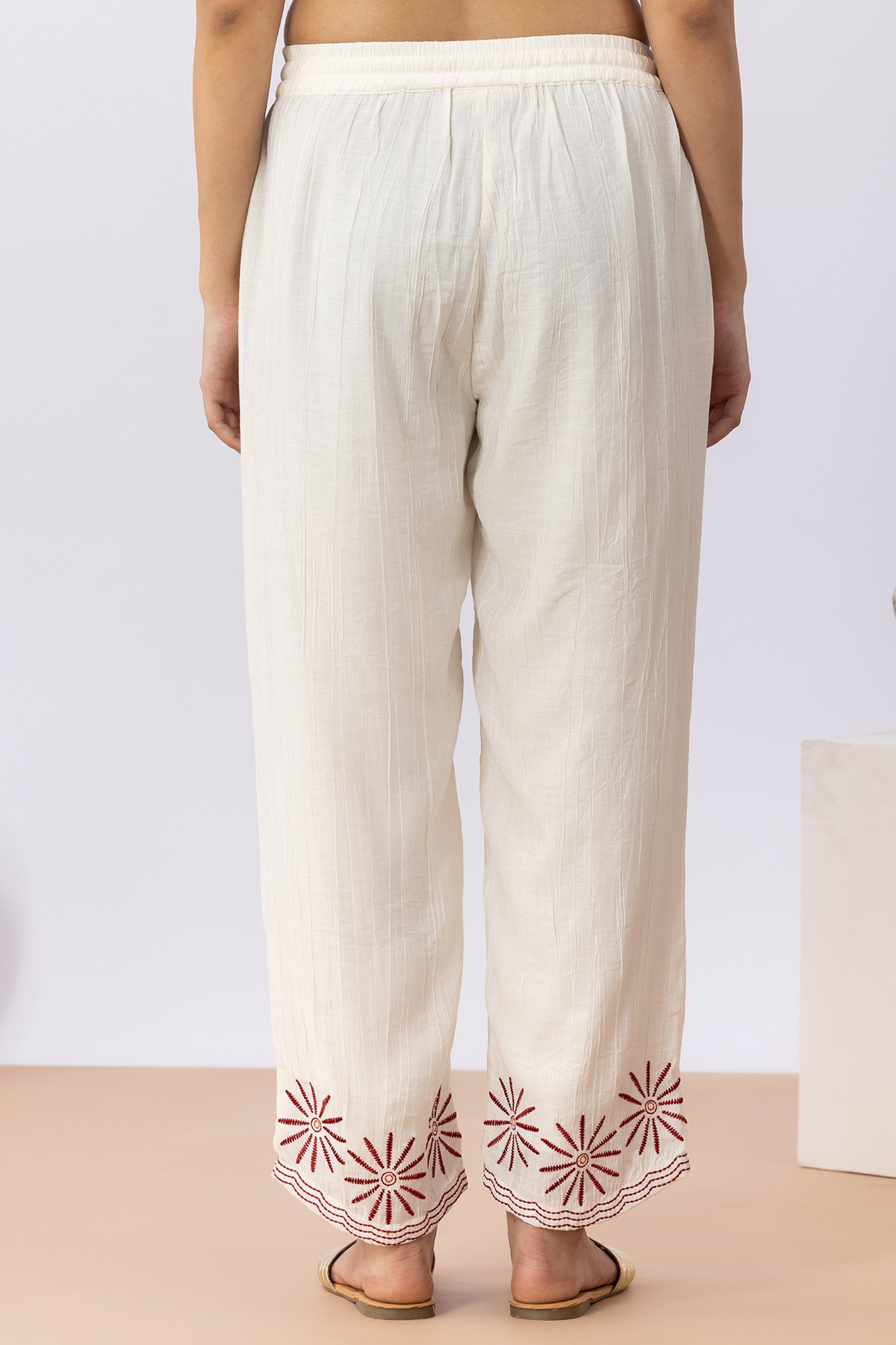 Embroidered off white viscose co-ord palazzo pants for women regular fit