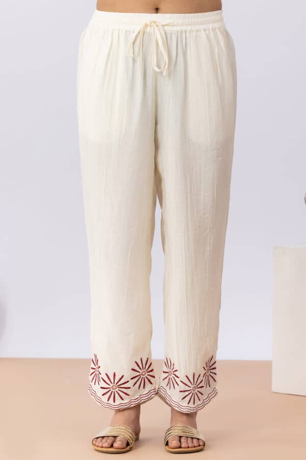 Embroidered off white viscose co-ord palazzo pants for women regular fit
