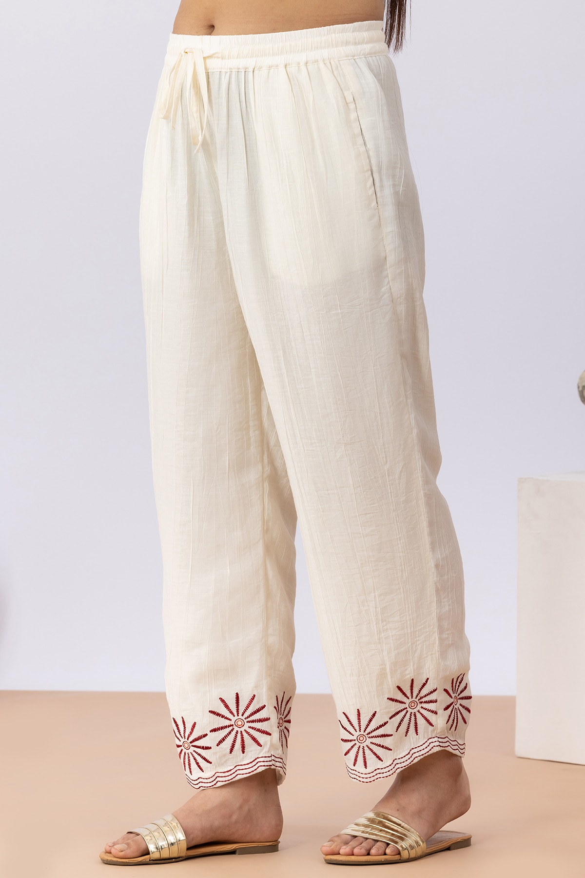Embroidered off white viscose co-ord palazzo pants for women regular fit