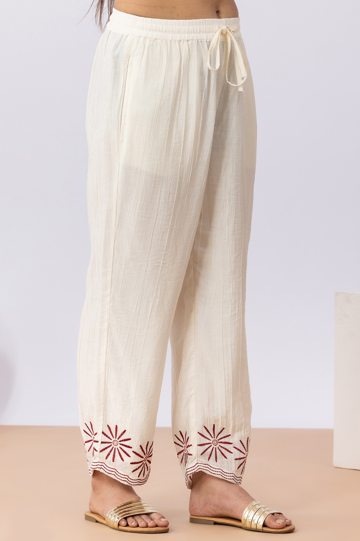 Embroidered off white viscose co-ord palazzo pants for women regular fit