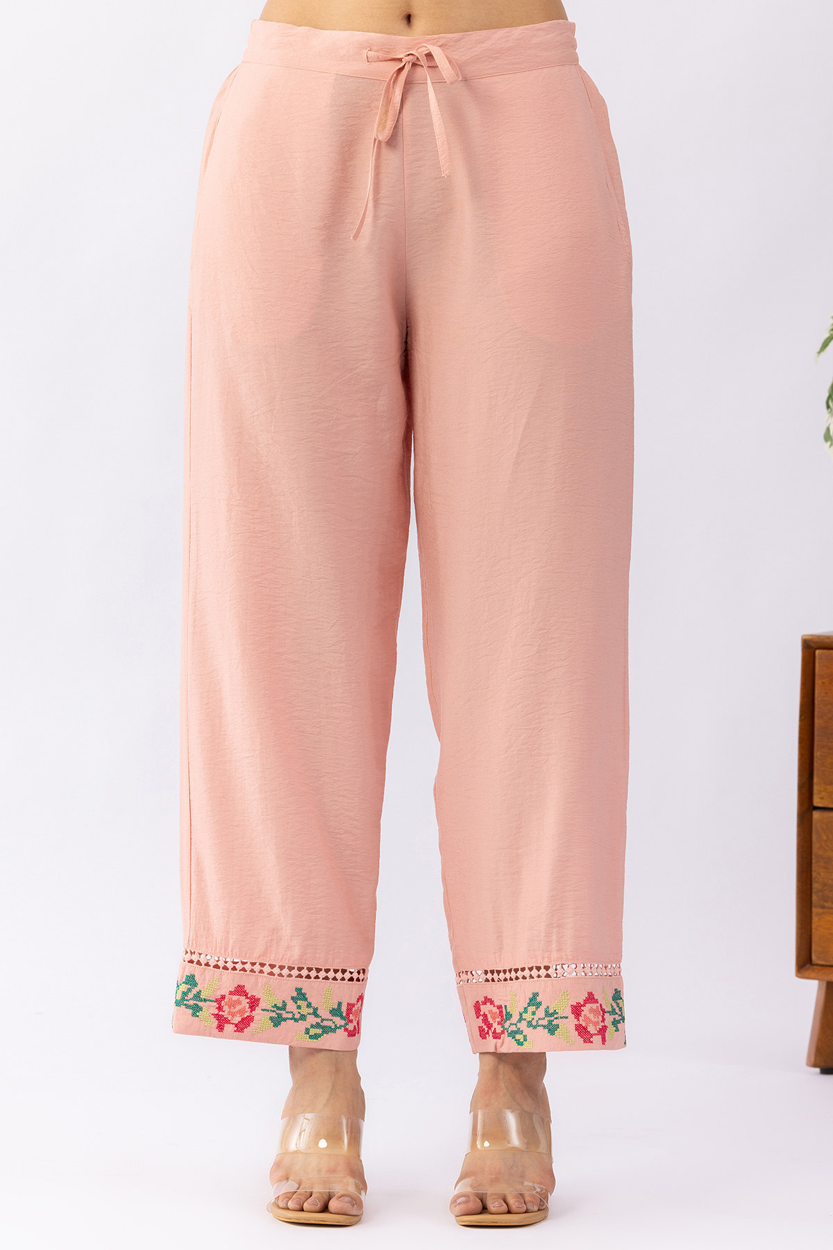 Peach embroidered matching set for women with regular fit pants