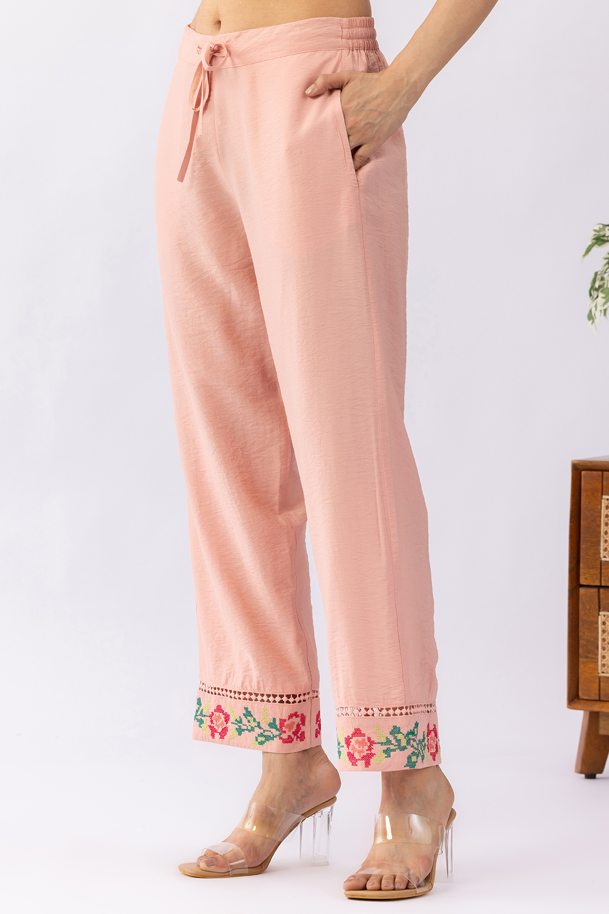 Peach embroidered matching set for women with regular fit pants