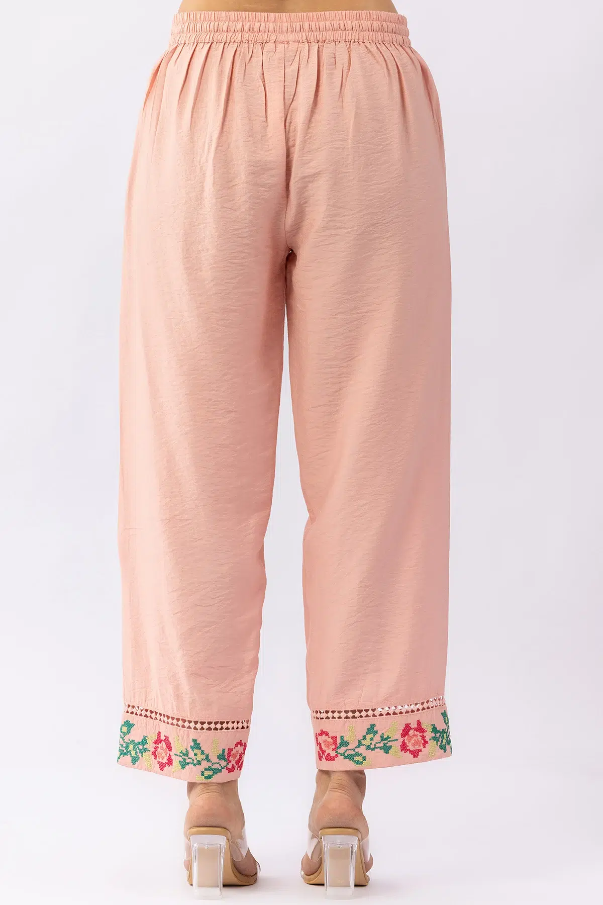 Peach embroidered matching set for women with regular fit pants