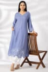 Embroidered blue rayon modal kurti for women with V neck and 3/4 sleeves