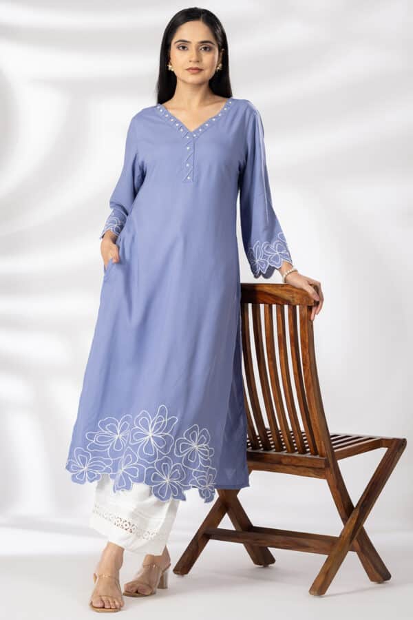 Embroidered blue rayon modal kurti for women with V neck and 3/4 sleeves