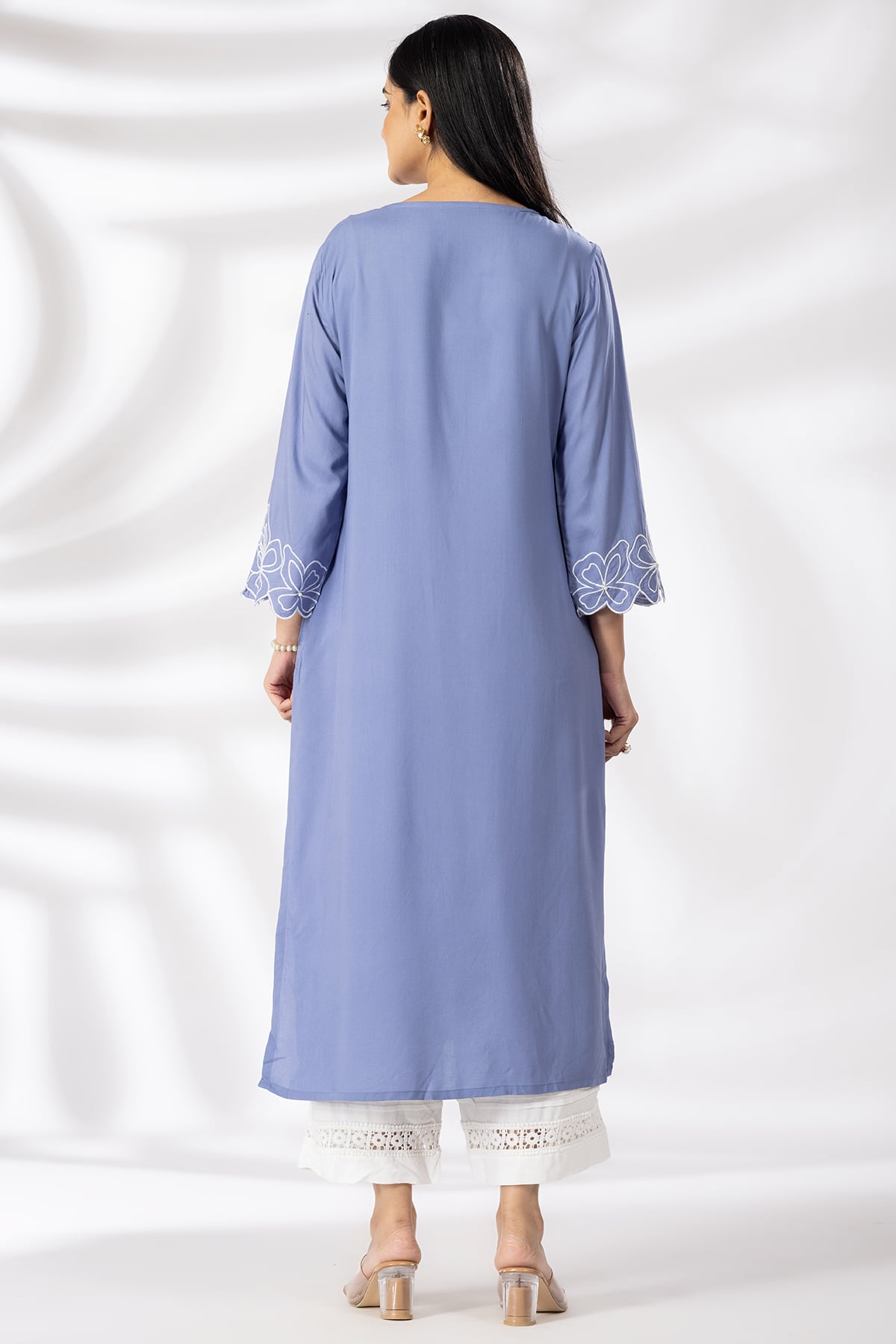Embroidered blue rayon modal kurti for women with V neck and 3/4 sleeves