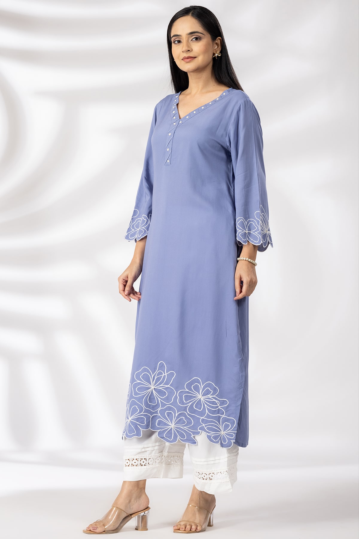 Embroidered blue rayon modal kurti for women with V neck and 3/4 sleeves