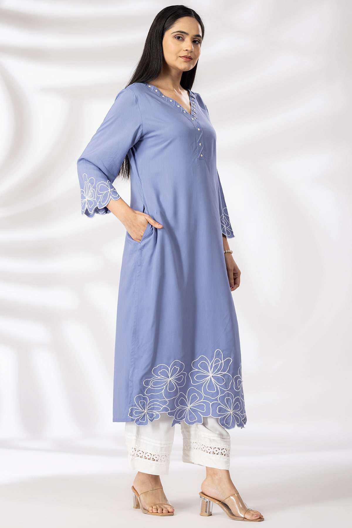 Embroidered blue rayon modal kurti for women with V neck and 3/4 sleeves