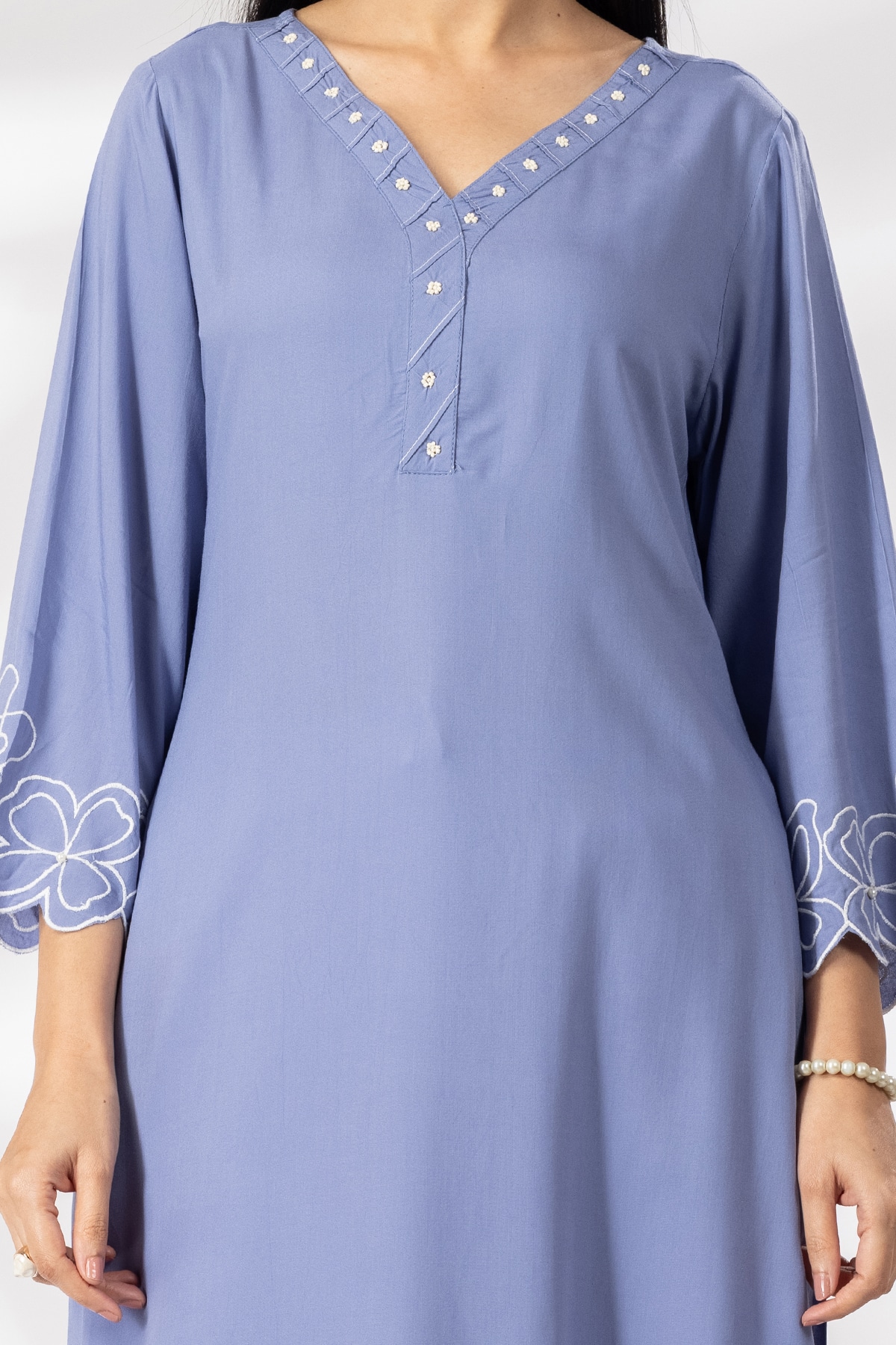 Embroidered blue rayon modal kurti for women with V neck and 3/4 sleeves