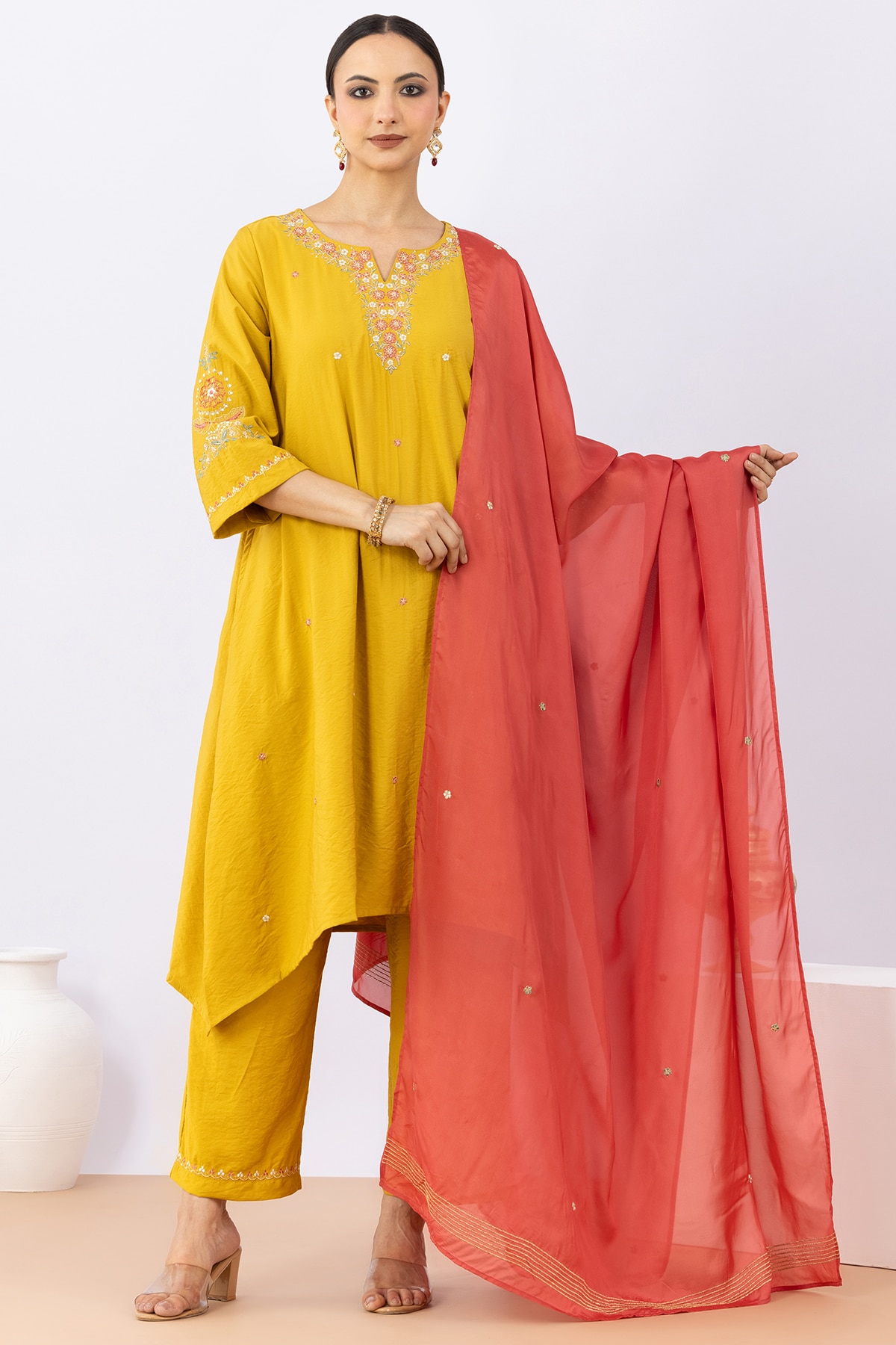 Mustard Embellished Viscose Chanderi Palazzo Pant - Image 2