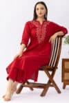 Red embroidered cotton kurti for ladies with round neck and 3/4 sleeves