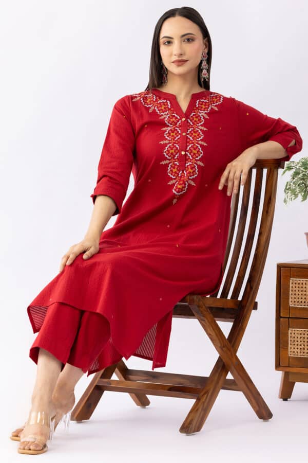 Red embroidered cotton kurti for ladies with round neck and 3/4 sleeves