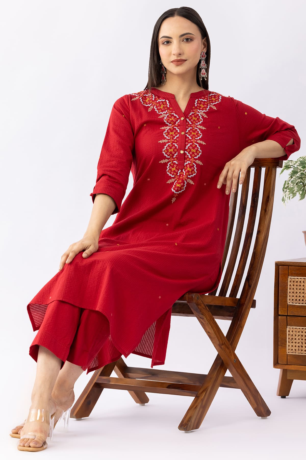 Red embroidered cotton kurti for ladies with round neck and 3/4 sleeves