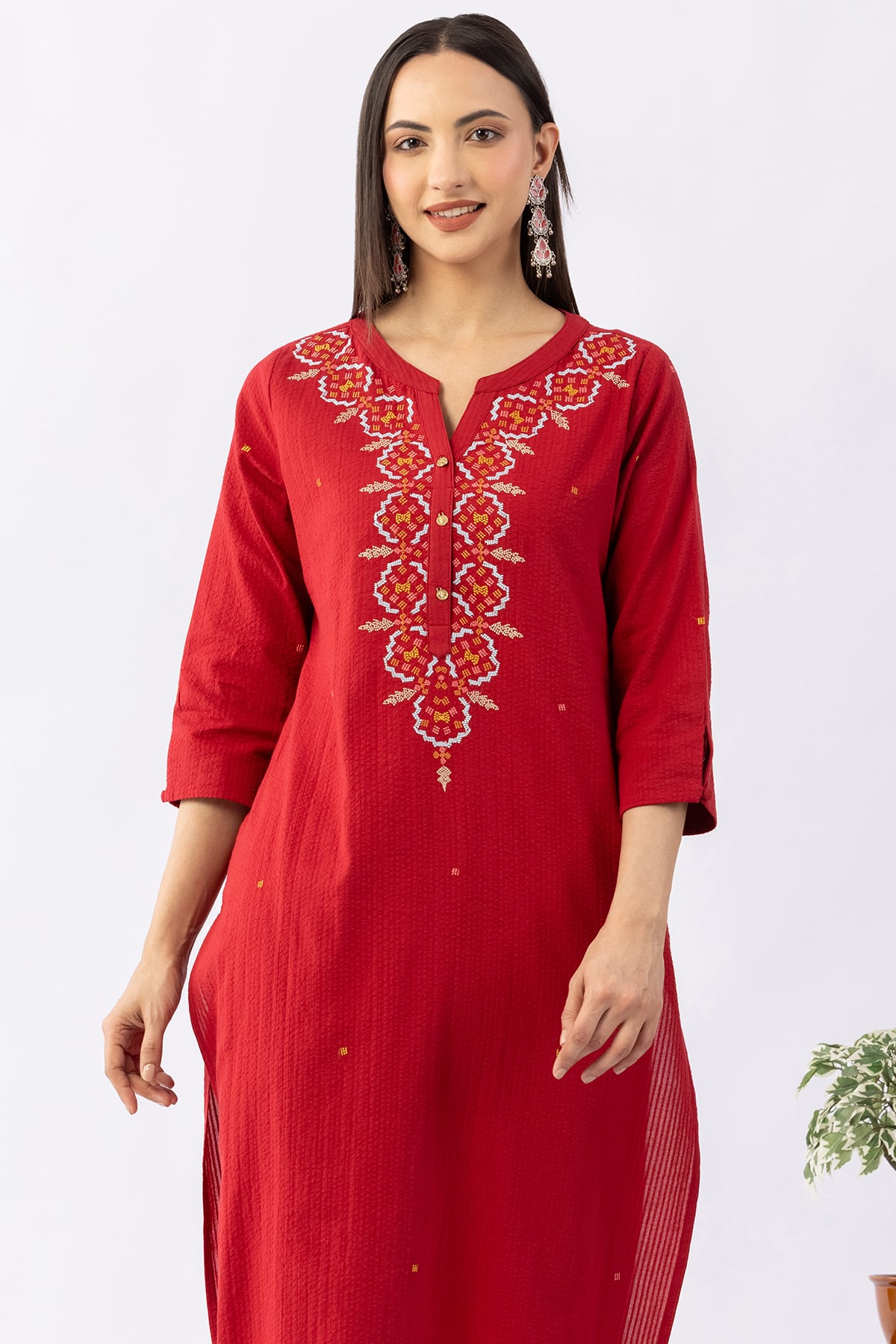 Red embroidered cotton kurti for ladies with round neck and 3/4 sleeves