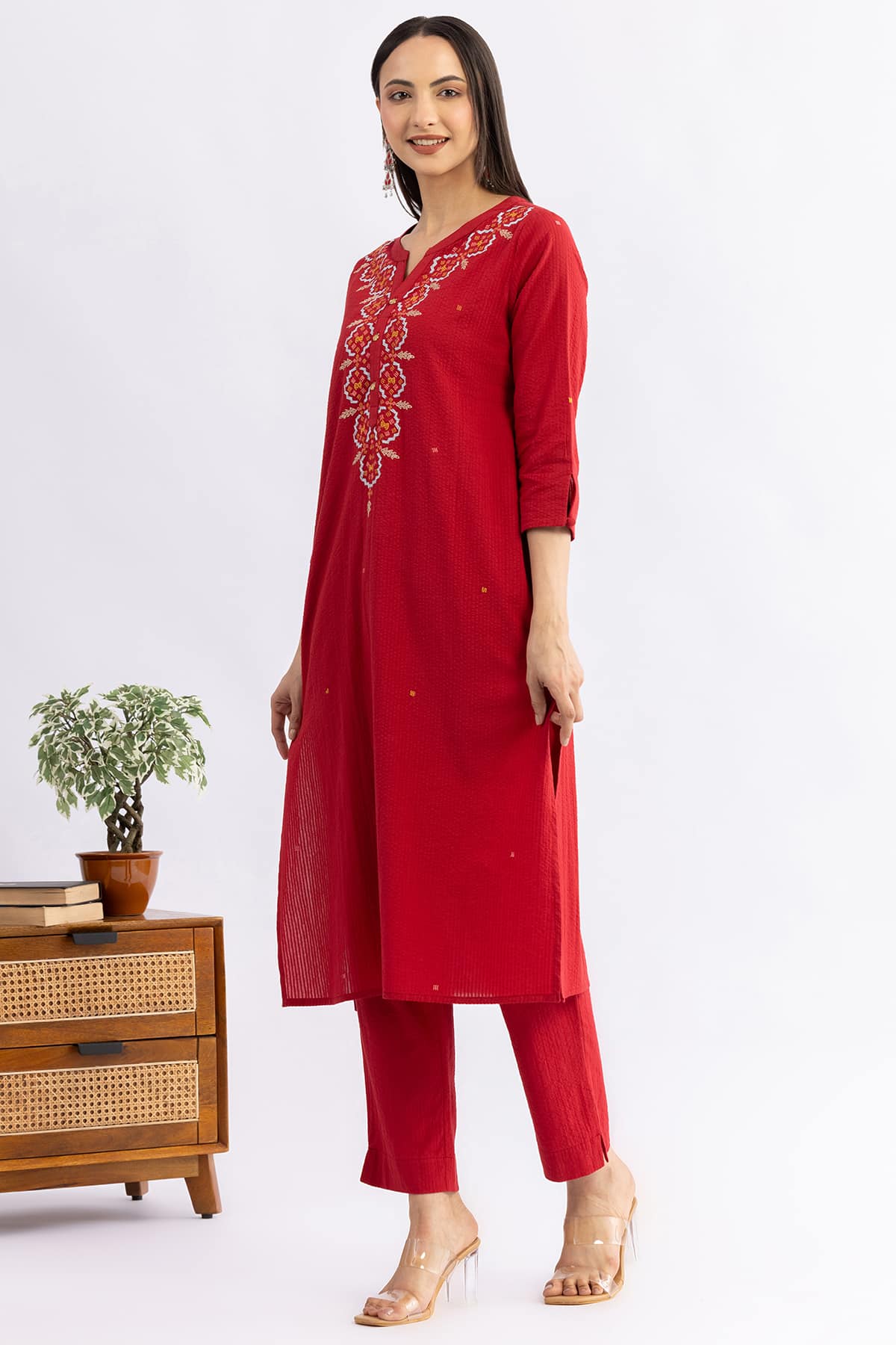Red embroidered cotton kurti for ladies with round neck and 3/4 sleeves