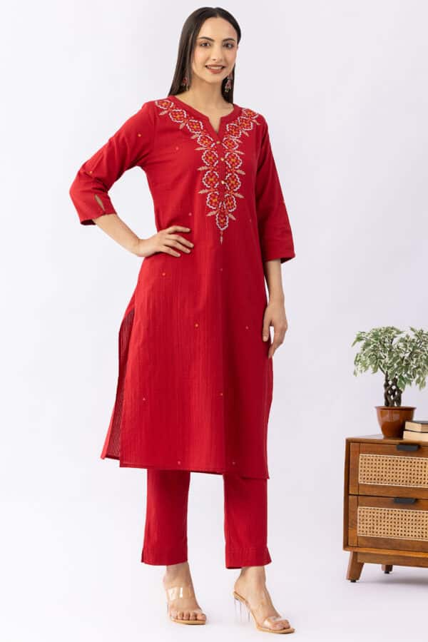 Red embroidered cotton kurti for ladies with round neck and 3/4 sleeves