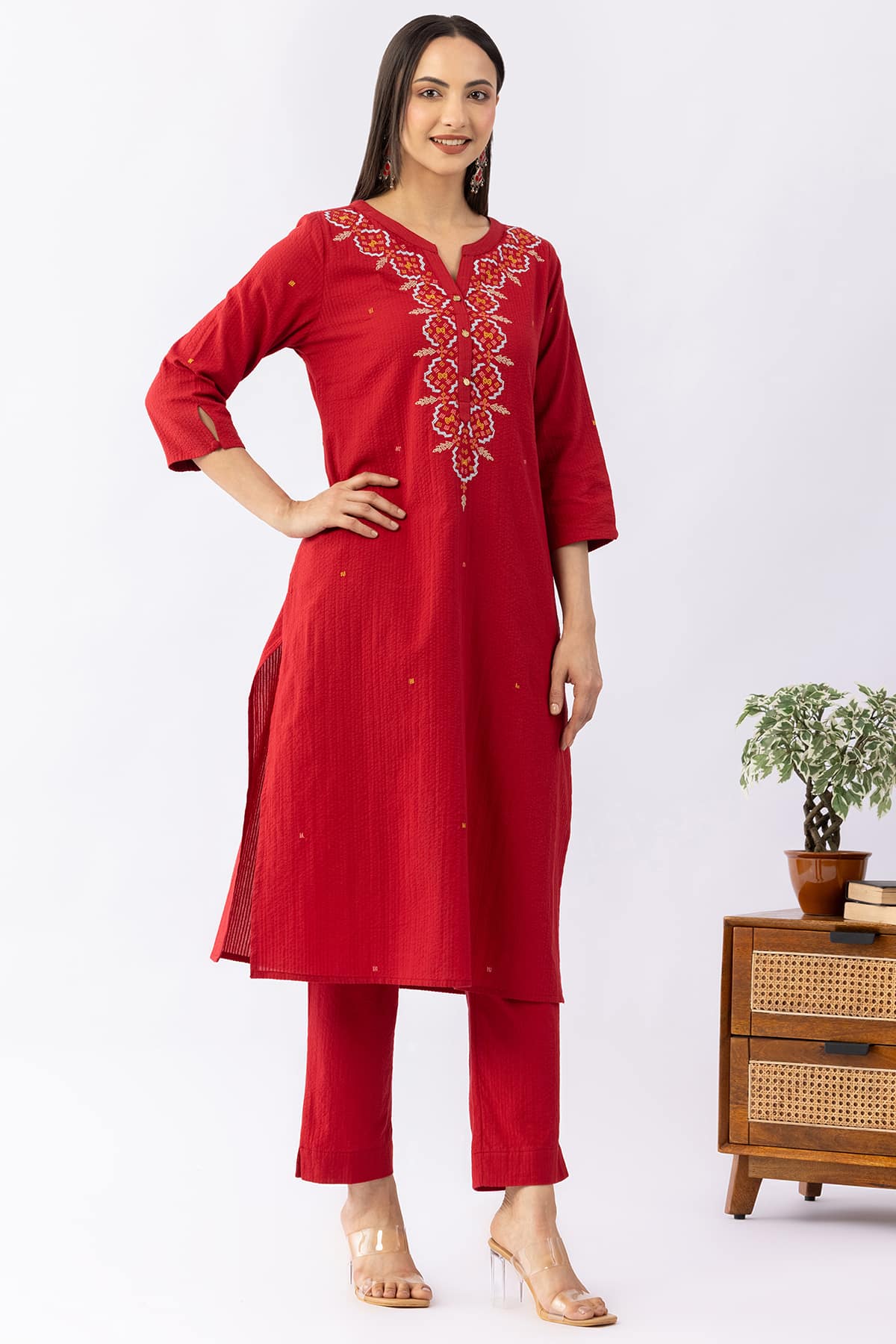 Red embroidered cotton kurti for ladies with round neck and 3/4 sleeves