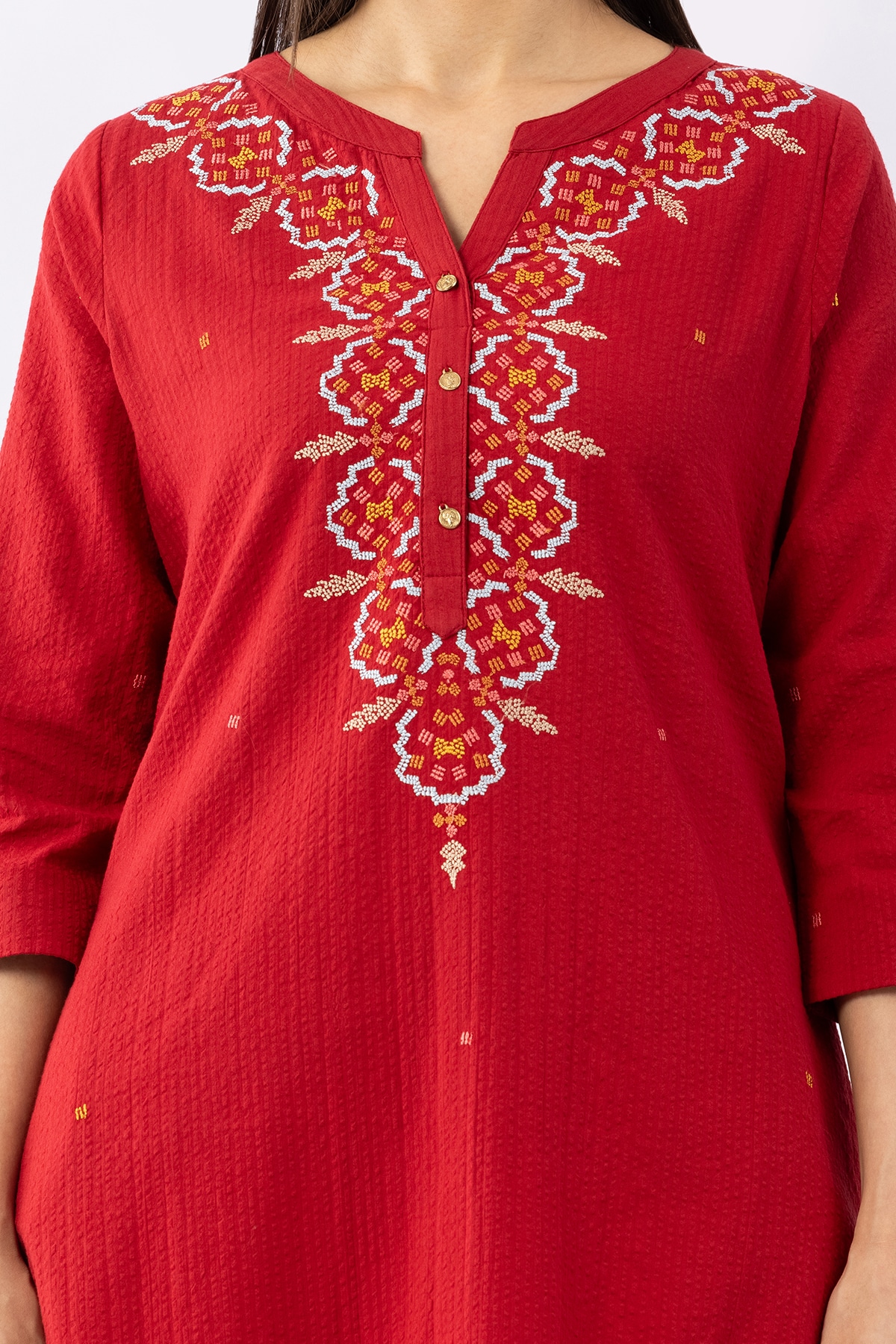 Red embroidered cotton kurti for ladies with round neck and 3/4 sleeves