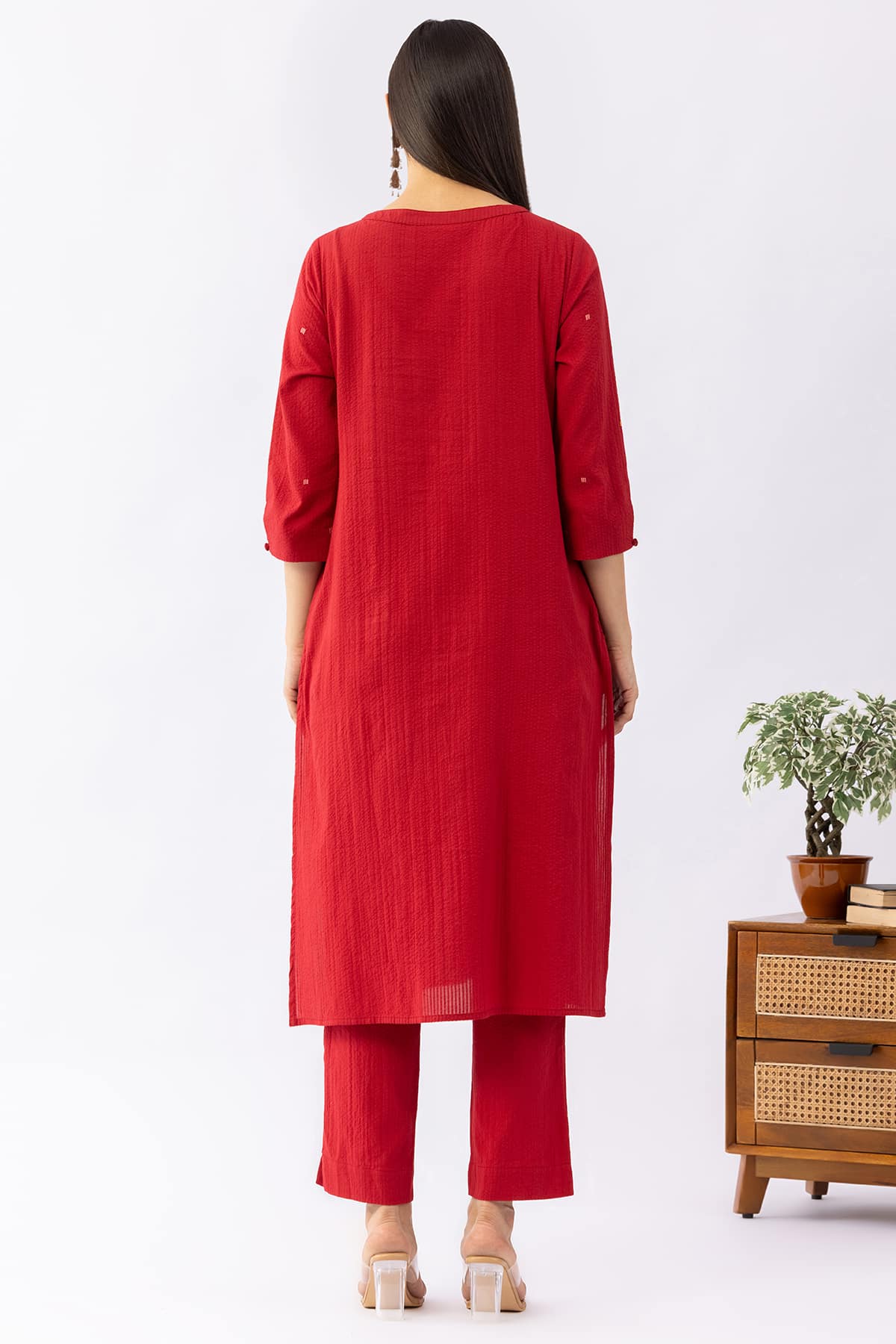 Red embroidered cotton kurti for ladies with round neck and 3/4 sleeves