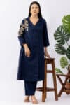 Embroidered navy blue tencel twill kurti for women with lapel collar and 3/4 sleeves