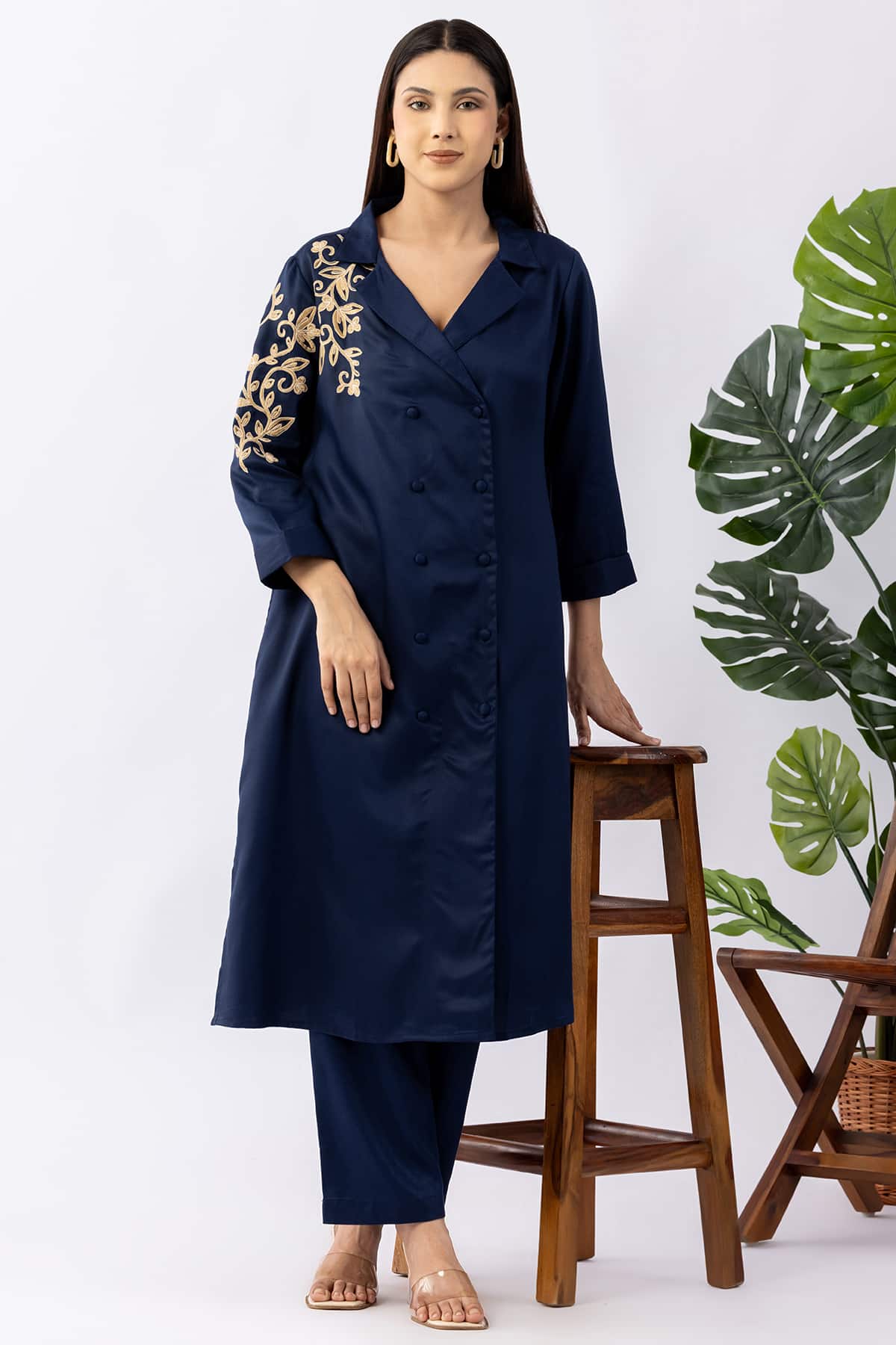 Embroidered navy blue tencel twill kurti for women with lapel collar and 3/4 sleeves
