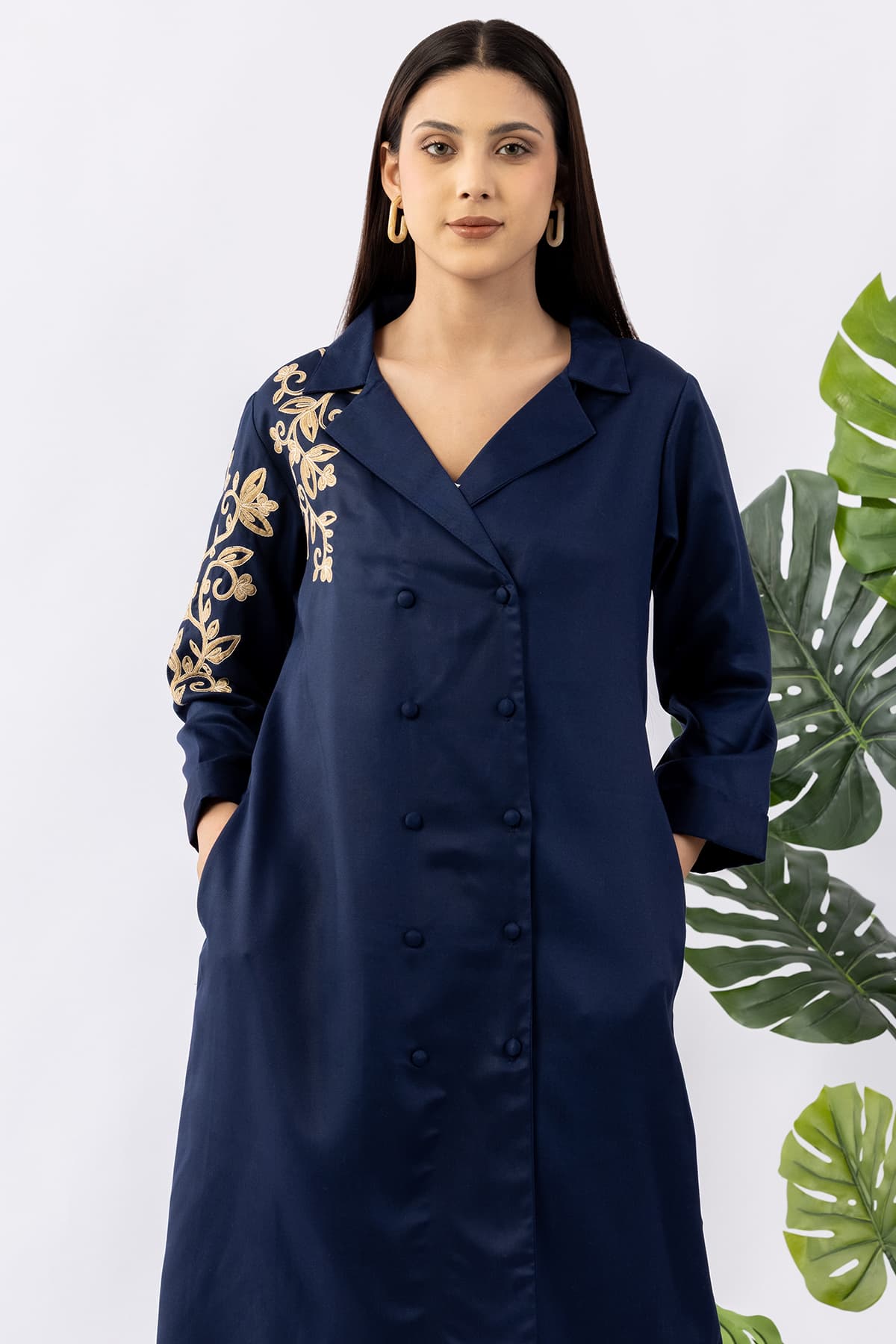 Embroidered navy blue tencel twill kurti for women with lapel collar and 3/4 sleeves