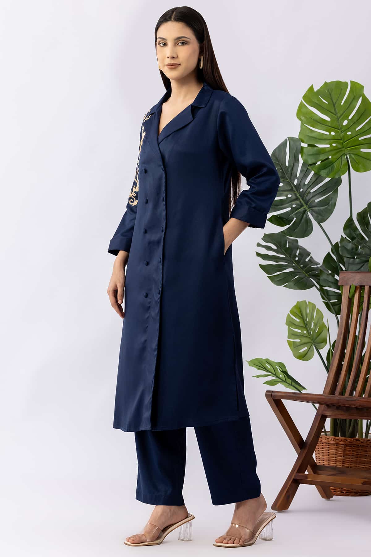 Embroidered navy blue tencel twill kurti for women with lapel collar and 3/4 sleeves