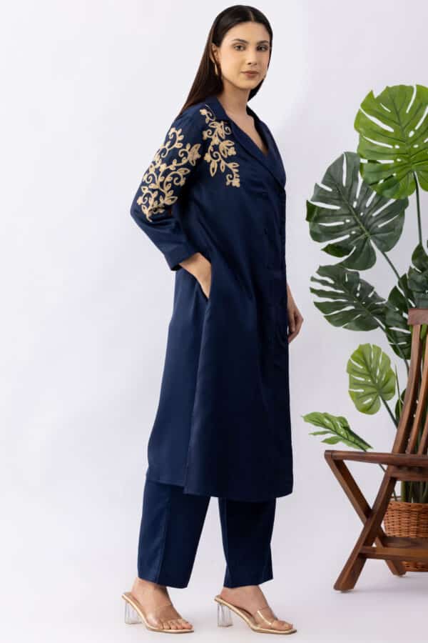 Embroidered navy blue tencel twill kurti for women with lapel collar and 3/4 sleeves