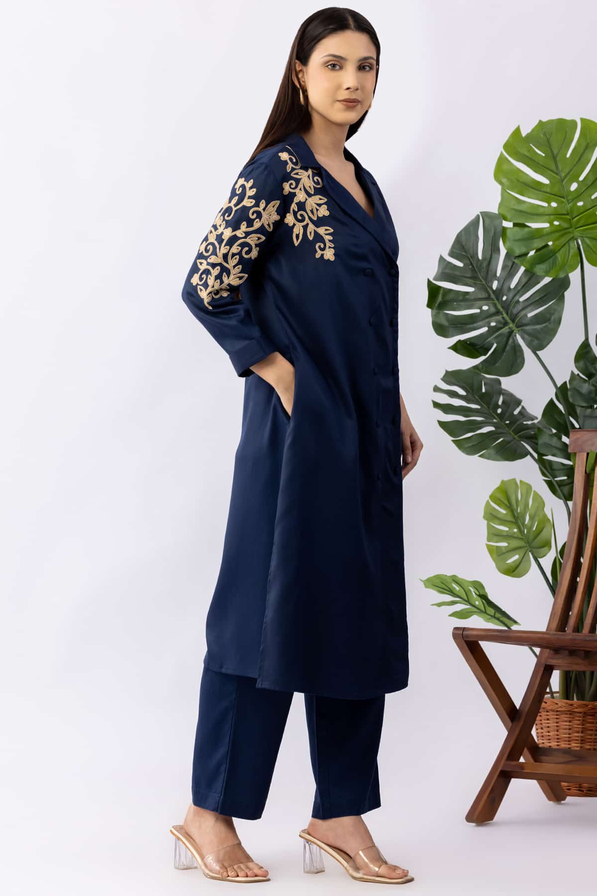 Embroidered navy blue tencel twill kurti for women with lapel collar and 3/4 sleeves