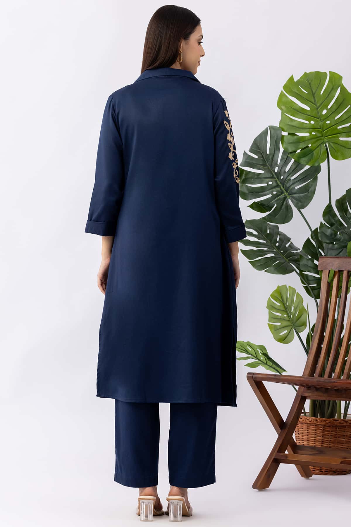Embroidered navy blue tencel twill kurti for women with lapel collar and 3/4 sleeves